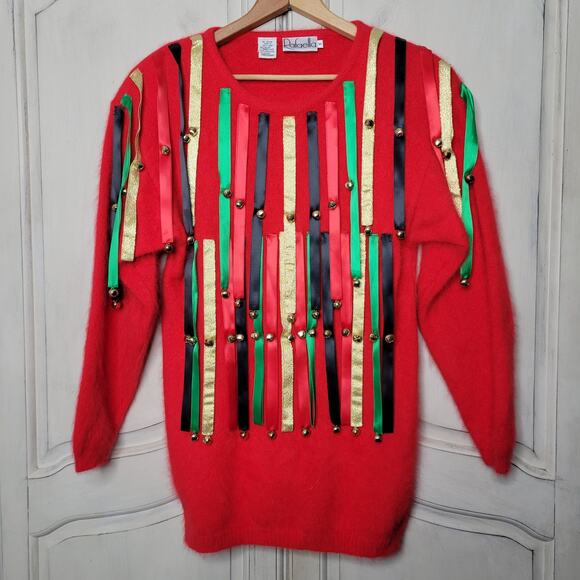 VTG Rafaella Angora Rabbit Wool Holiday Christmas Ribbon Jingle Bell Sweater✨️M - Picture 1 of 14